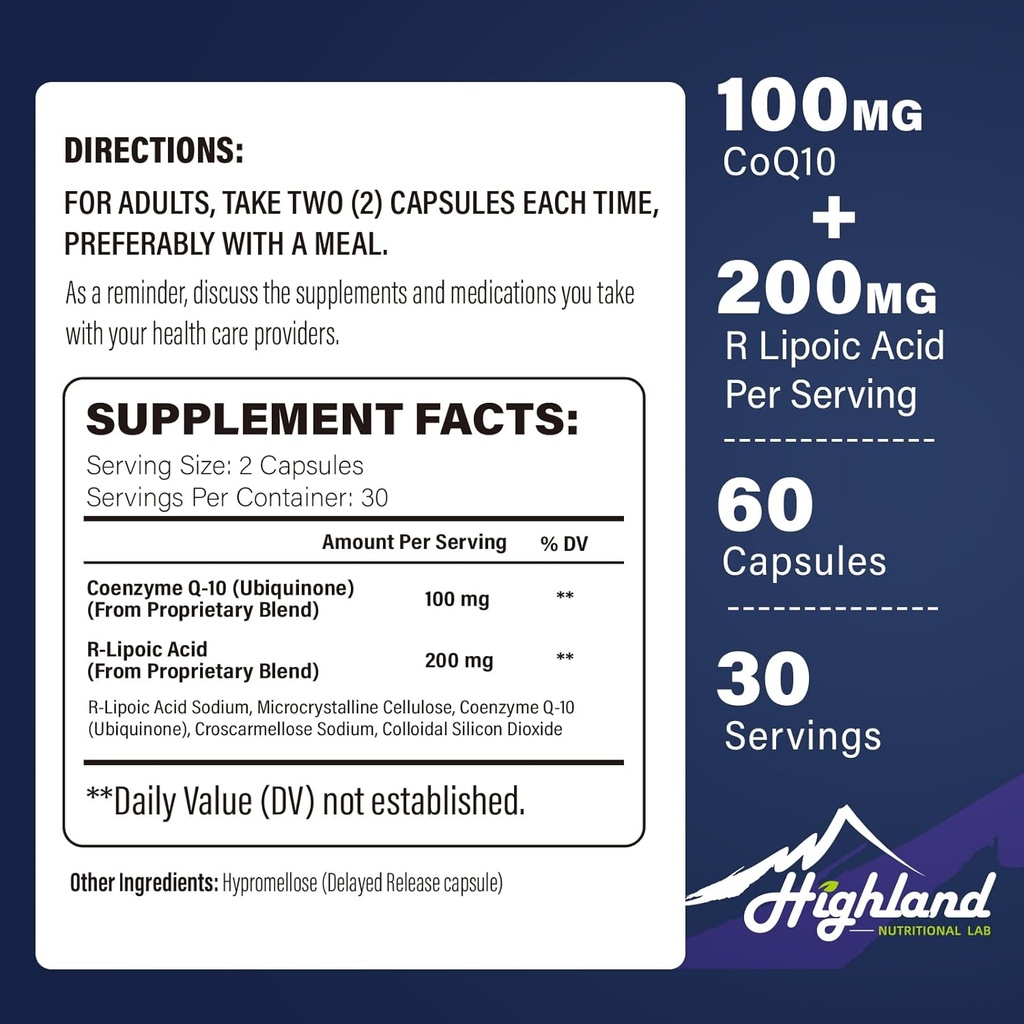 CoQ10 100mg + R-Lipoic Acid 200mg por Serving, 1 Mes de Suministro, hasta 5X Ausorción Mejorada, R-Lipoic Acid/CoQ10 Suplemento de Salud Cognitiva y Salud Cognitiva-60 cápsulas