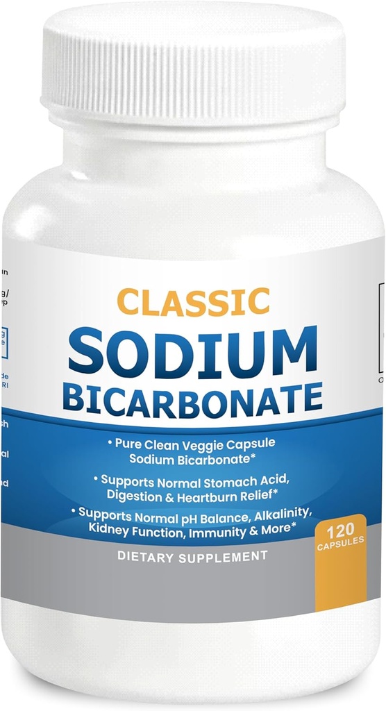 Bicarbonato de sodio clásico 650mg Uso orgánico natural Píldoras de bicarbonato de sodio Tablas de bicarbonato de sodio (caps) Alcalinidad ácido de estómago 120caps