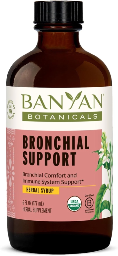 Banyan Botanicals Bronchial Support – Organic Herbal Syrup for Children &amp; Adults – Soothing Respiratory Support Formula with Licorice & Ginger Root* – 6oz. – Non GMO Sostenably Sourced Vegetarian