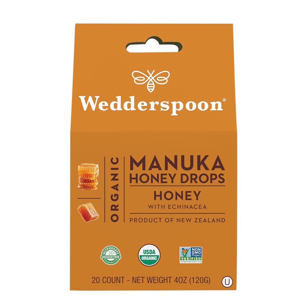 Wedderspoon Organic Manuka Honey Drops, Honey &amp; Echinacea, 20 Cuenta (Pack of 1) ← Genuine New Zealand Honey ← Perfect Remedy For Dry Throats