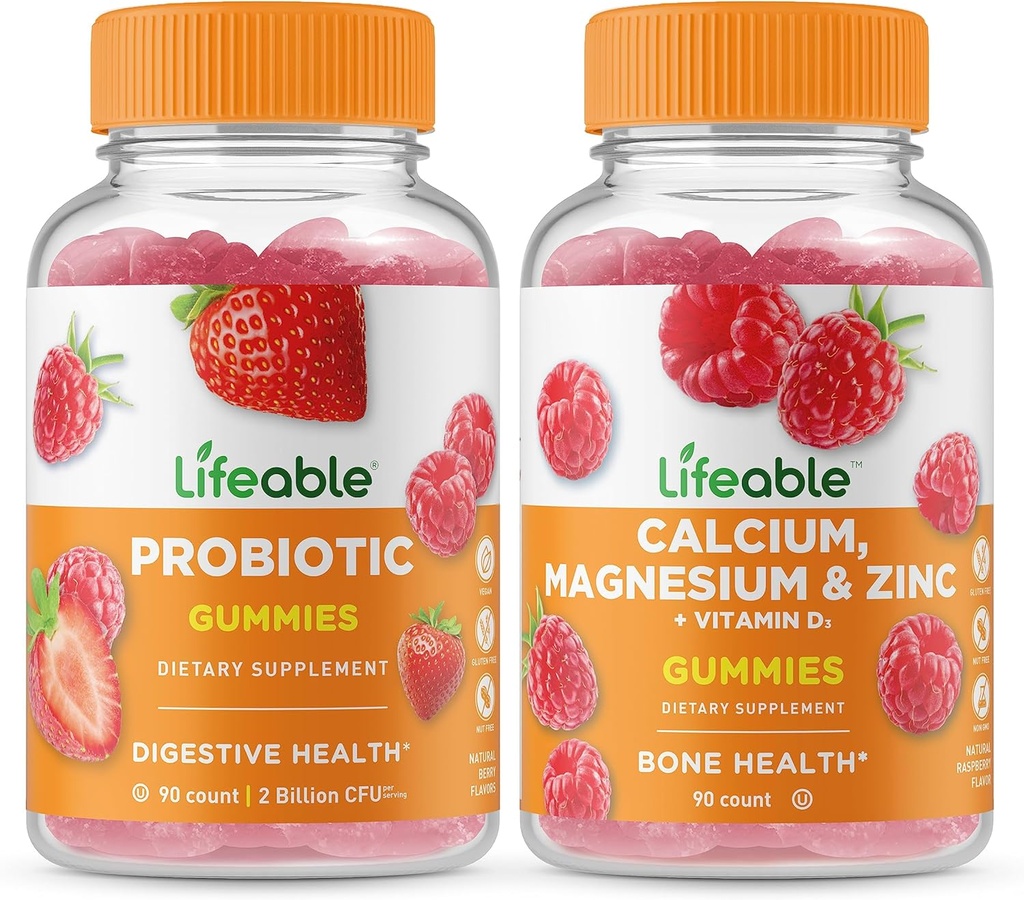 Probiótico Lifeable 2 Billones CFU + Calcio, Magnesio, Zinc &amp; Vitamina D, Gummies Bundle - Gran Tasting, Suplemento de Vitamina, Gluten Gratis, GMO Gratis, Chewable Gummy