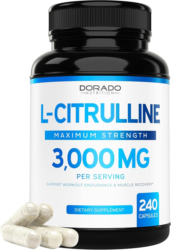 L Citrulline 3000mg Suplemento (240 cápsulas) Apoyo L Arginine & Nitric Oxide Pills - L-Citrulline Para Hombres &amp; Mujeres - Muscle Recovery &amp; Pump Suplemento - 3er Parte Tested, Vegan, Non-GMO - USA Made