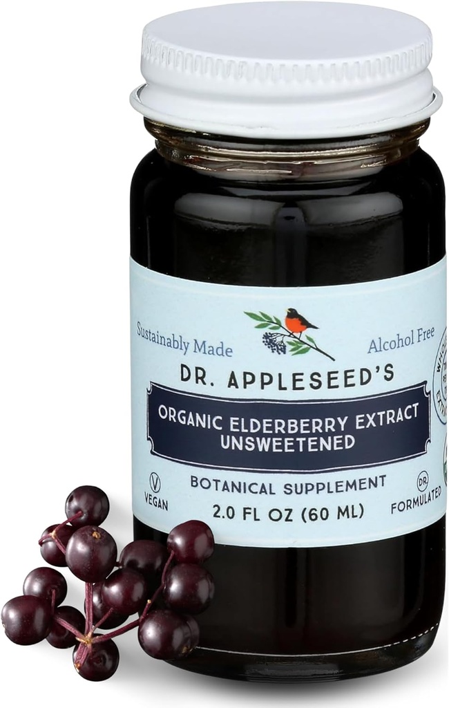 Dr. Appleseed's Organic Elderberry Extract Unsweetened Max Strength 11,000mg Kids + Adults Daily Immune Supplement Doctor- Formulated Science-Backed Pure Vegan 24 Day Supply – 2 Fl Oz