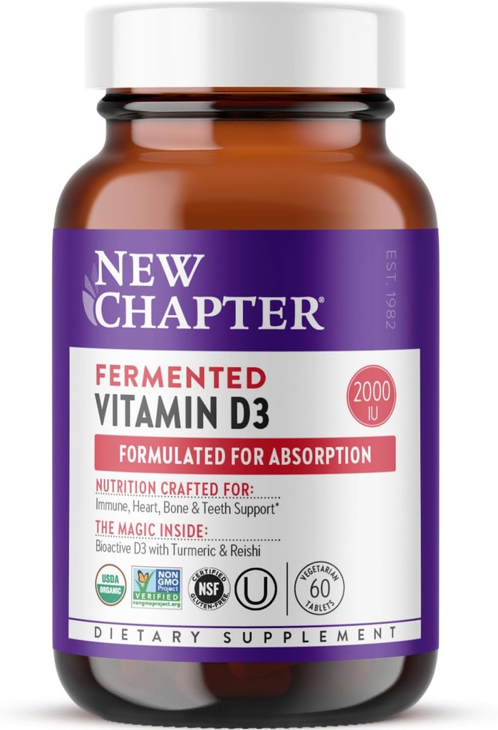 Nuevo Capítulo Fermented Vitamina D3 2,000 UI, Orgánica, ONE Daily for Immune, Heart & Bone Support + Whole-Food Turmeric, Adaptogenic Reishi Mushroom, 100% Vegetariano, Gluten Free, 60 Conde