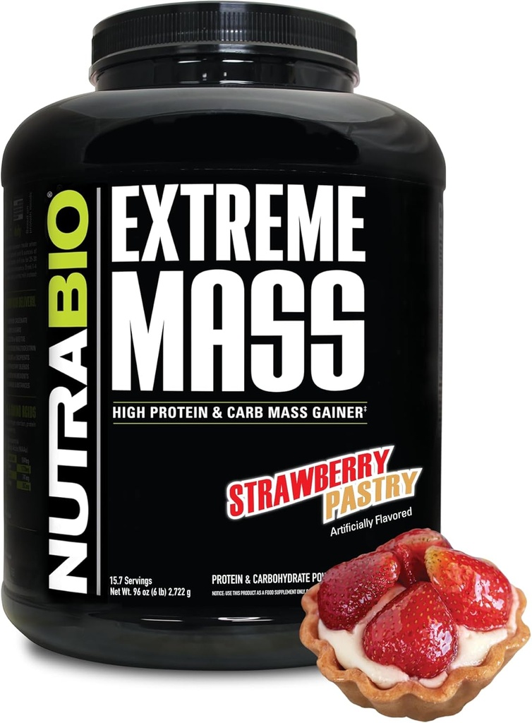 NutraBio Extreme Mass Gainer Protein Powder, 53G Protein, Clean Weight Gainer, Increase Muscle Mass, Full Spectrum Amino Acid - Strawberry Pastry, 6 Pound