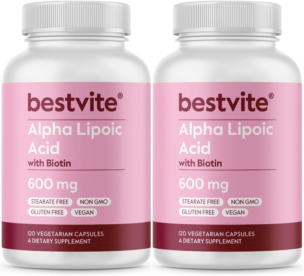 Ácido Lipoico alfa 600mg (por cápsula) con Biotina para Mejorar la Absorción (240 cápsulas vegetarianas) (2 x 120) No Fillers - No Stearates - Sin agentes de flujo