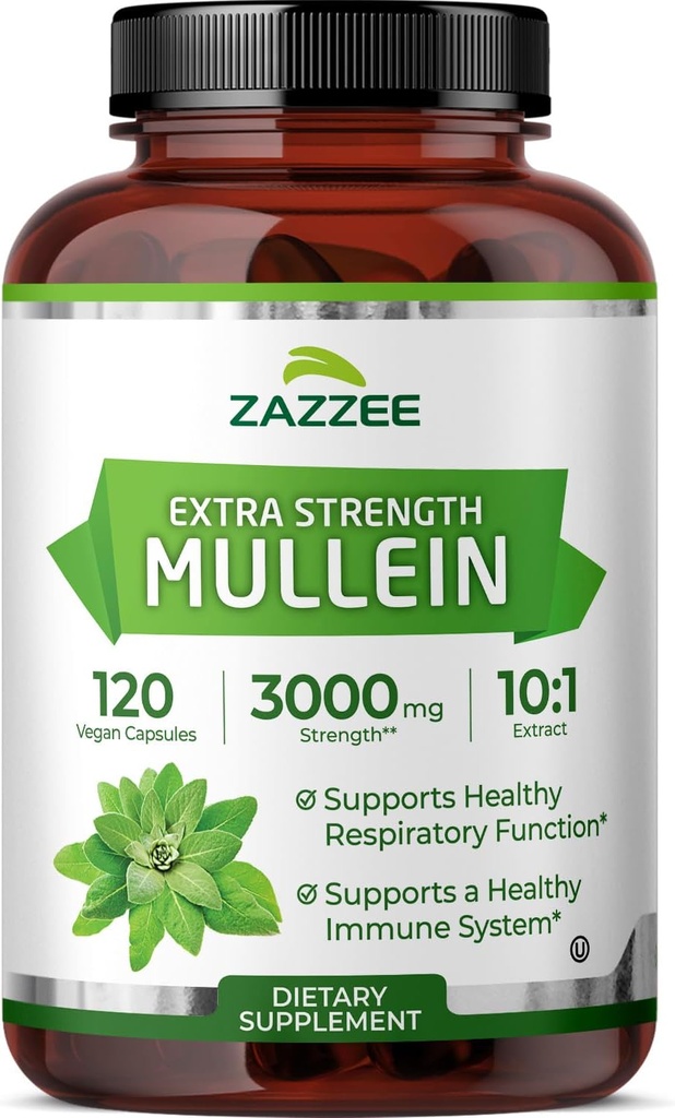 Zazzee Extra Strength Mullein 10:1 Extract, 3000 mg Strength, 120 capsules veganos, 4 meses de suministro, Standardized 10X Extract, 100% Pure Leaf Powder, All-Natural and Non-GMO, Made in The USA