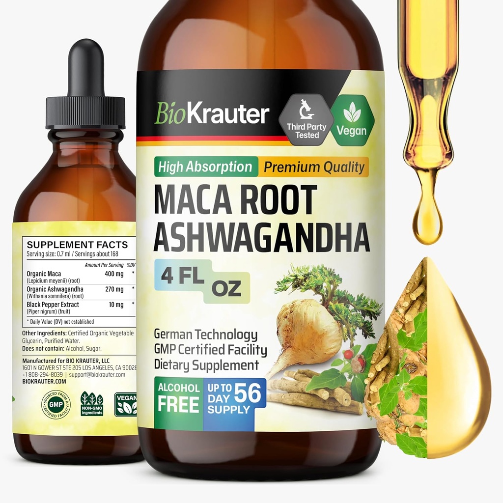 BIO KRAUTER Maca Root y Ashwagandha Tincture - Maca & Ashwagandha Suplementos para hombres y mujeres - Adaptogenic Liquid Supplement for Mood Support - Alcohol y azúcar Free Vegan Drops 4 Fl.Oz.