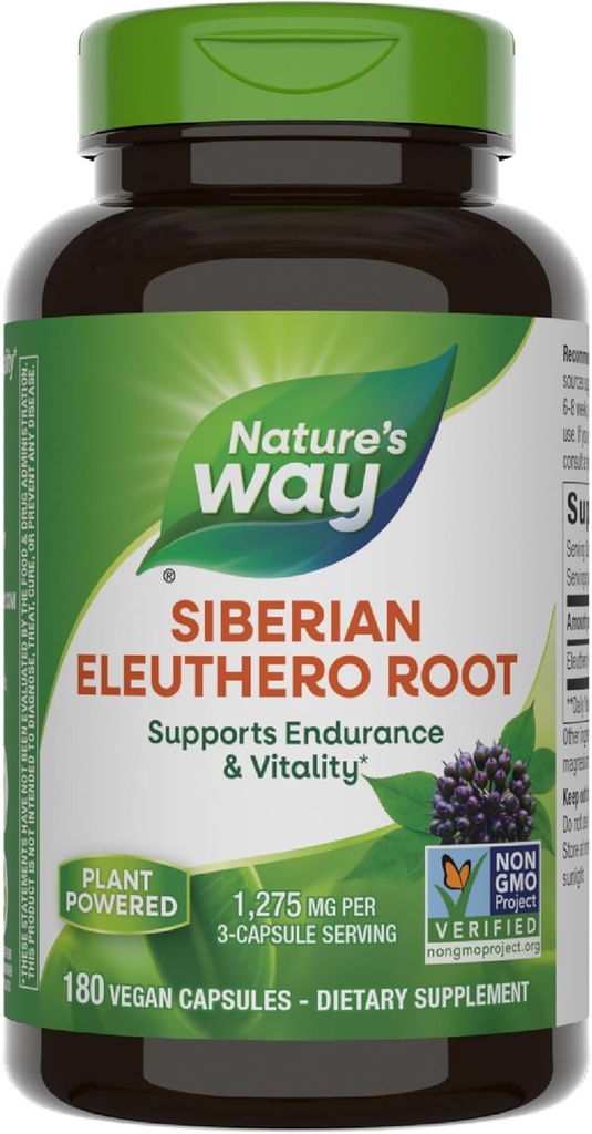 Natural Way Premium Herbal Siberian Eleuthero Root Suplemento, apoya la resistencia " Vitality*, Adaptogen*, 1.275 mg por 3-Capsule Serving, Non-GMO Project Verified, 180 cápsulas (Packaging May Vary)