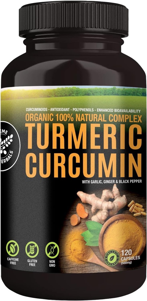 Cápsulas de Curcumina 100% crudas y orgánicas. Certified Organic, Gluten-Free, Non-GMO, and Caffeine-Free. Mejorado con ajo, jengibre y pimienta negra, 500 mg, 120 cápsulas veganos