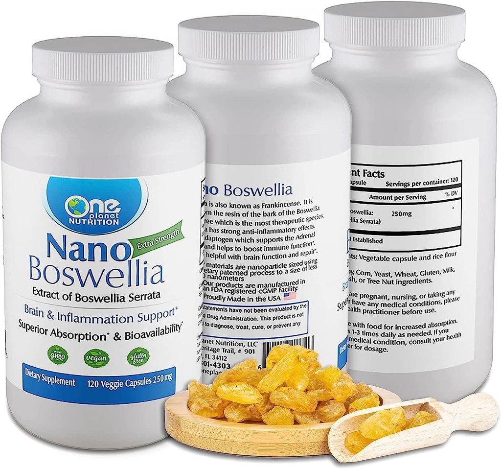 One Planet Nutrition Nano Boswellia 250 mg Veggie Capsules (120 Servings), Boswellia serrata Resin, apoya la función cognitiva para la salud cerebral, no GMO, Vegan, Gluten-Free