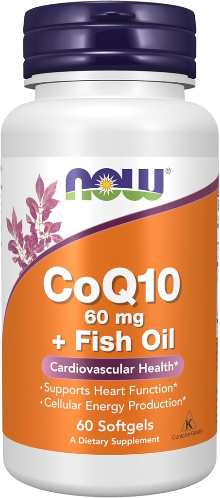 AHORA Suplementos de alimentos, CoQ10 60 mg con aceite de pescado Omega 3, Salud cardiovascular*, 60 Softgels