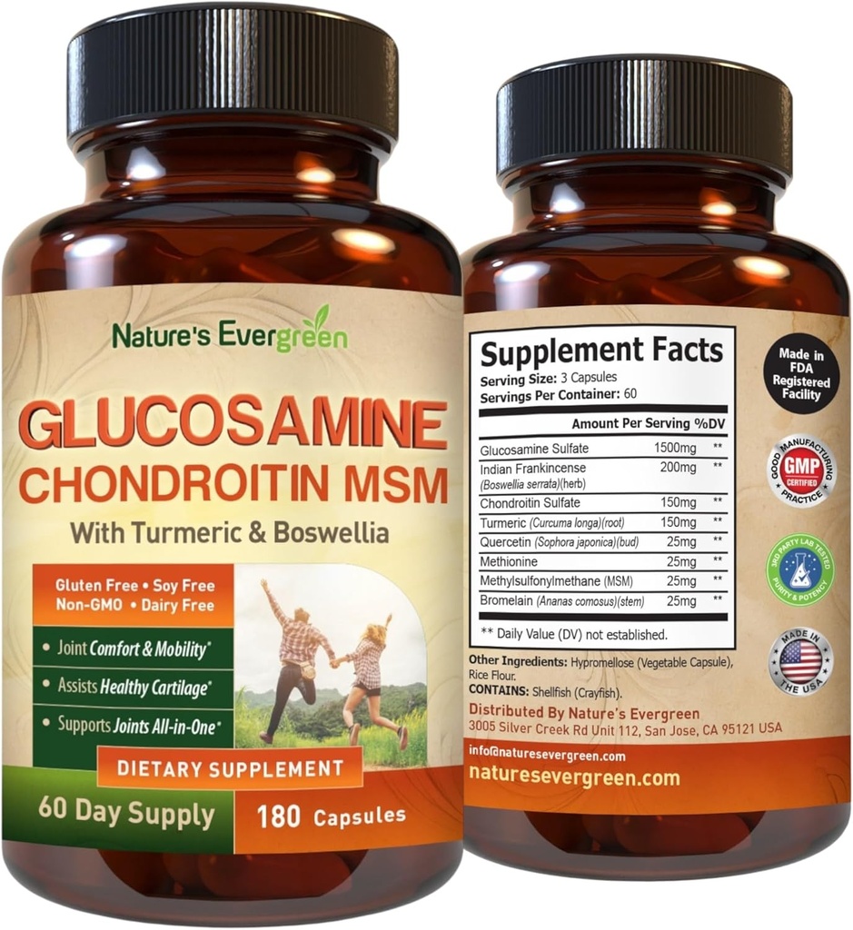 Glucosamine Chondroitin MSM with Turmeric " Boswellia Supplement ¦ Joint Support Suplemento Glucosamine Sulfate 1500mg ← Joint Health Chondroitin Sulfate MSM for Women ' Men - 180 Capsules