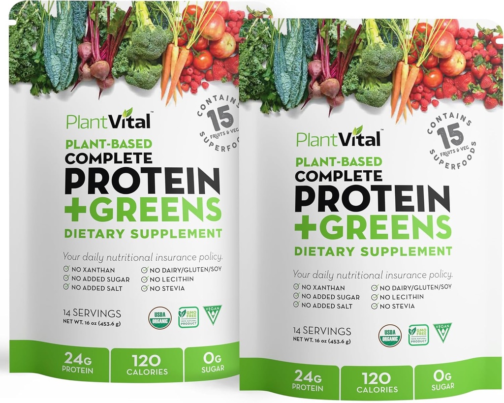 Polvo de proteína orgánica vegetal desarmado - 15 Superalimentos, verduras y probióticos - Polvo de proteína orgánica de base vegetal - Todos los BCAA, Gluten Free - 16oz (Pack of 2)