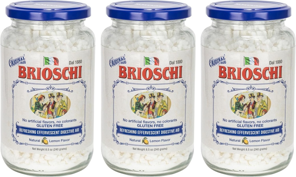 Brioschi [Pack 3 Italian Lemon Flavored Refreshing Effervescent ¦ Ayuda Digestiva, Heartburn, Upset Stomach, Acid Indigestion TEN Gluten Free, No Colorants, No Artifictial Flavors  8.5 oz Glass
