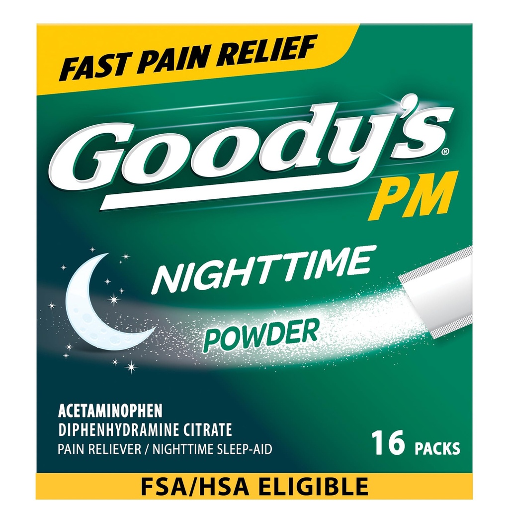 Goody's Nighttime Powder, Pain Reliever & Sleep Aid with Acetaminophen & Diphenhydramine Citrate, Caffeine Free, 16 Count