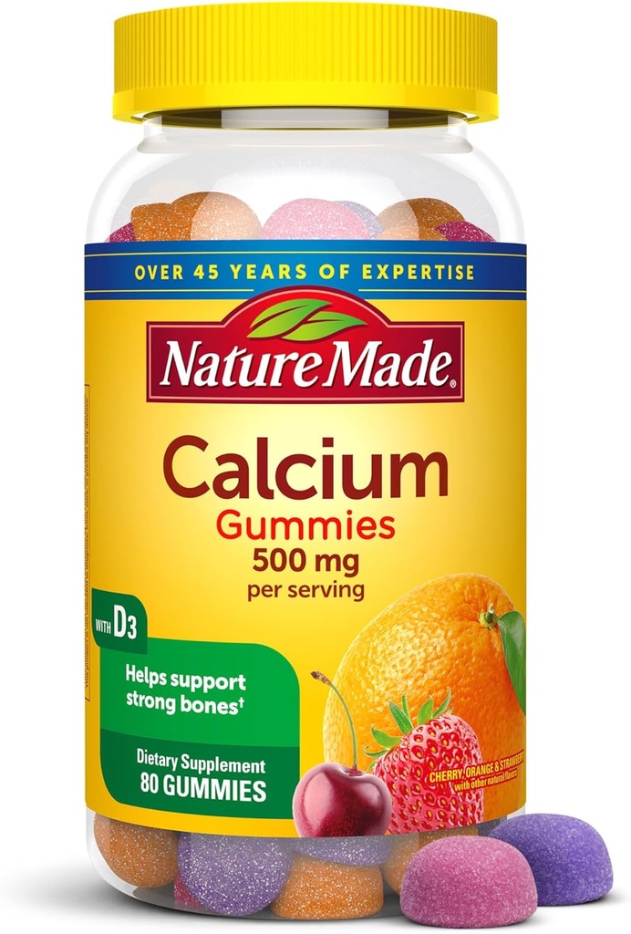 Nature Made Calcium Gummies 500 mg Por Serving with Vitamin D3, Suplemento dietético para el soporte de huesos, 80 Gummies, 40 Day Supply