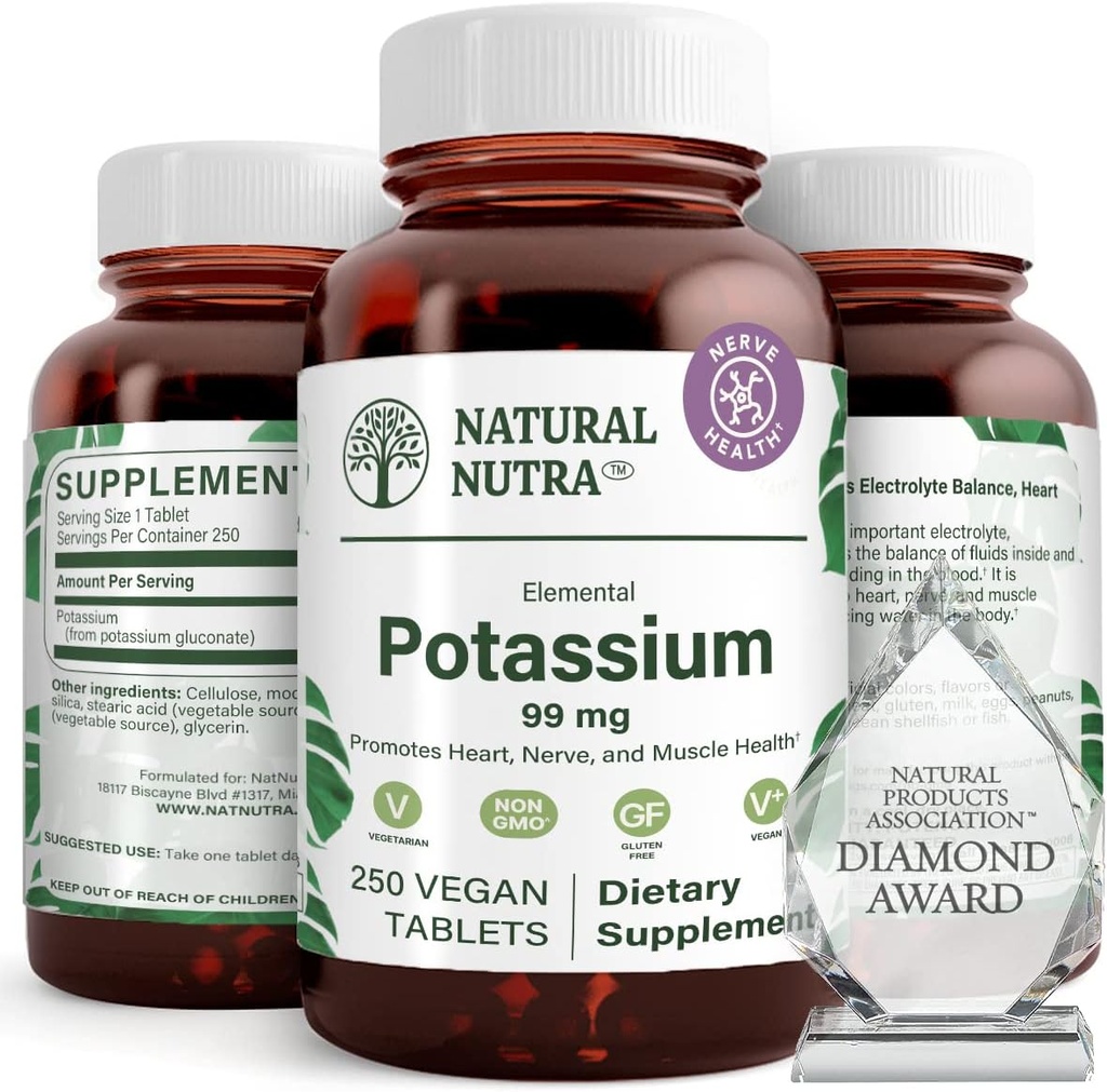 Natural Nutra Elemental Potasio Gluconato 99 mg Suplemento dietético – promueve la energía, ayuda al sistema nervioso superior, promueve la salud cardíaca, regulación mineral, función muscular - 250 tabletas vegas