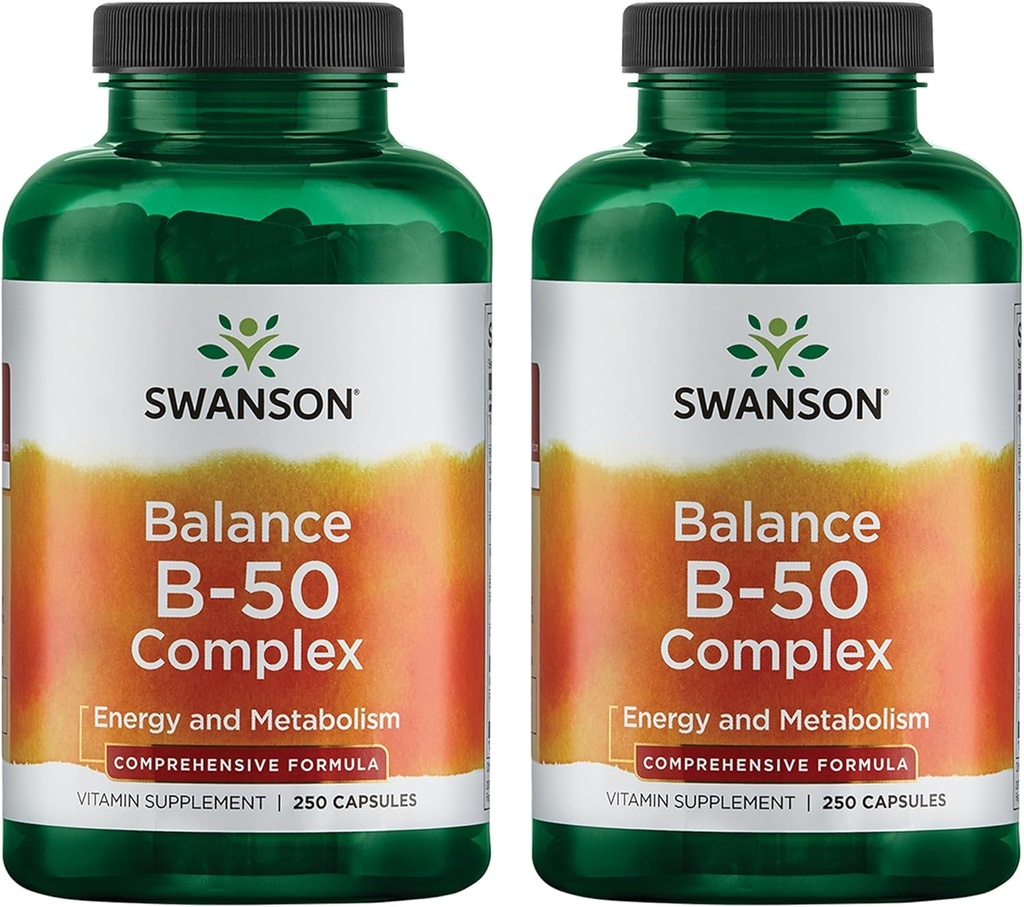 Swanson B-50 B-Complex - B Complejo de vitaminas con alta potencia y biodisponibilidad - promueve el apoyo del sistema inmunitario, la salud del corazón de la ayuda, el sistema nervioso saludable - (250 cápsulas) (2 Pack)