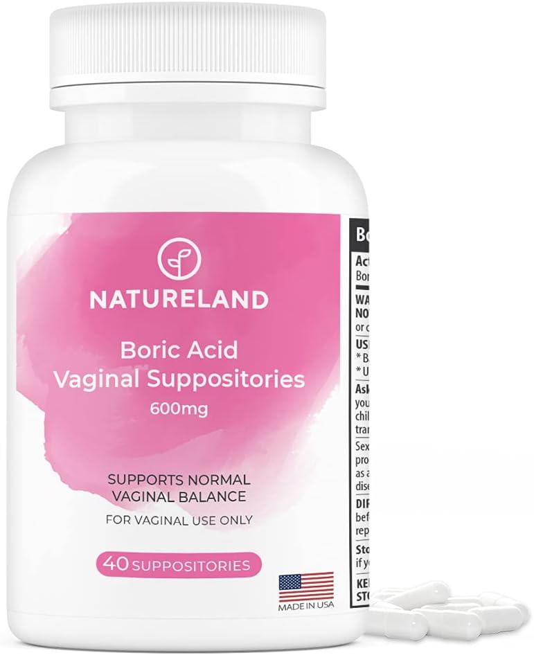 Natureland 40 cuenta, 600mg Boric Acid Vaginal Suppositories, Hecho en EE.UU., Restaurar el equilibrio pH y reducir la sequedad, los olores, la picazón y la descarga, Apoyo Salud íntima (40 cuenta (Pack de 1))