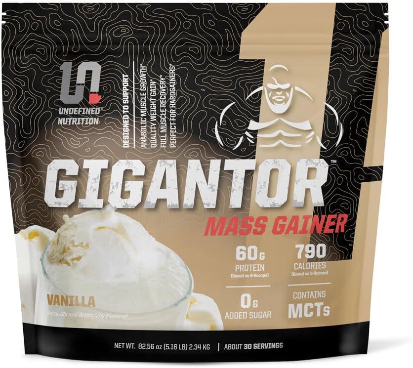 Gainer de Masa de Gigantor de Nutrición Indefinido por Brian Shaw (60g Protein, 30 Servings, hasta 790 Calories de Calidad) – Hardcore Hard Gainer Fórmula con 5 Fase Protein Blend (5.16 lbs, Vanilla)