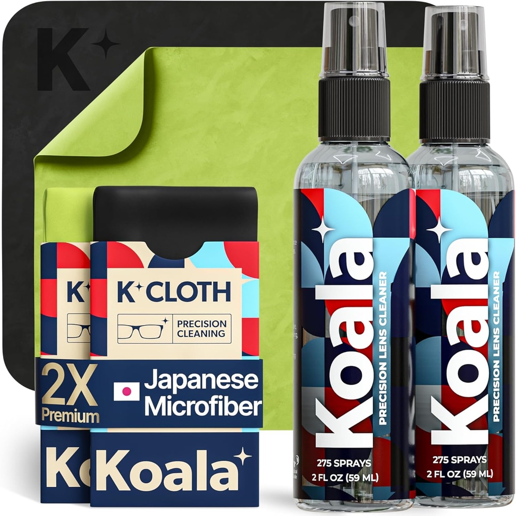 Koala Eyeglass Lens Cleaner Spray Kit Silencio (2x) Glasses Cleaner Bottle + (2x) Microfiber Cloth ANTE Alcohol Free Eyeglasses, Screen, and Camera Cleaning Kit ← Made in USA (4 Piece Set)