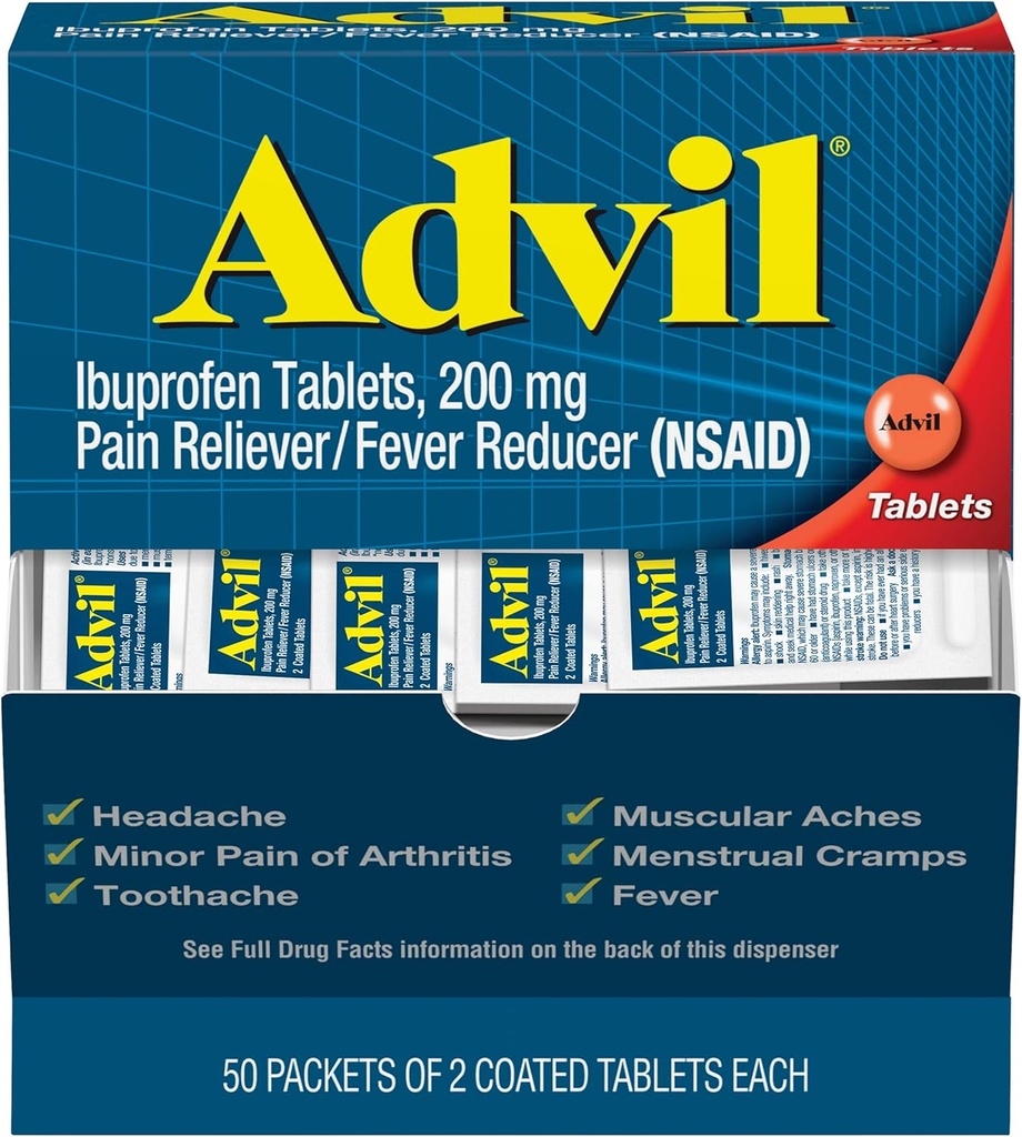 Alimentador de Dolor Advil y Reductor de Fiebre, Medicamento de Alivio de Dolor con Ibuprofeno 200 mg para Dolor de Cabeza, Dolor, Dolor Menstrual y Alivio de Dolor Conjunto - 100 Tabletas Coadas (El embalaje puede variar )