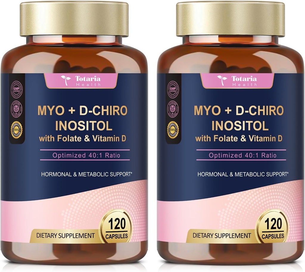 Totaria Inositol Suplemento para Mujeres con Vitamina D3, Folate, 40:1 Ratio Myo-Inositol &amp; D-Chiro Complejo Inositol, (Vitamin B8) Inositol Capsules, Pack de 2