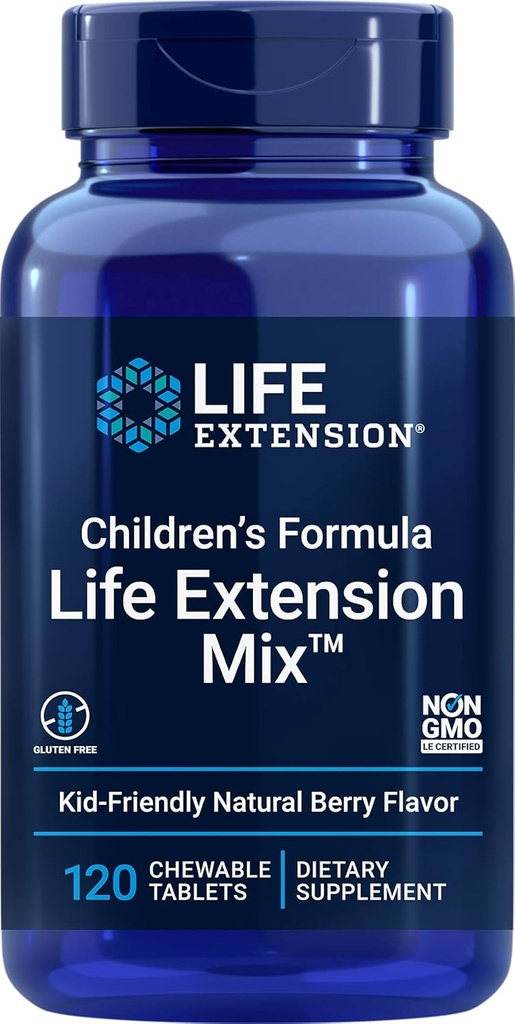Extensión de vida Fórmula MixTM para niños, multivitamínico para niños, 18 vitaminas esenciales y minerales, Berry Flavored with no Añadido Sucrose, Gluten-Free, Non-GMO, 120 tabletas masticables