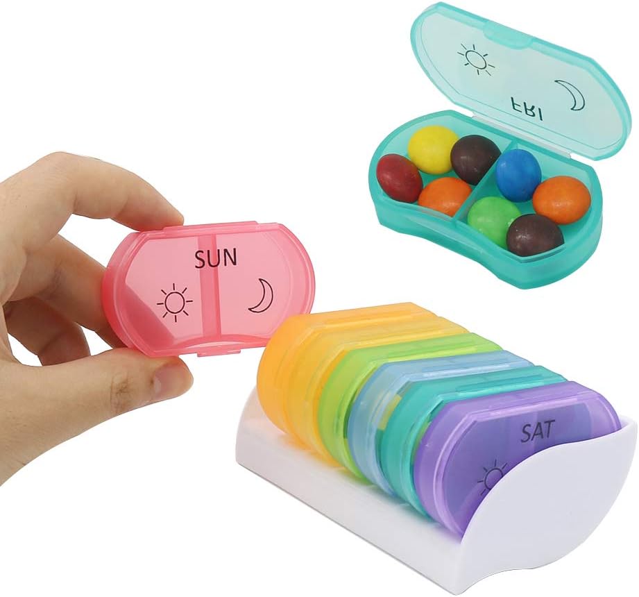 HRX Paquete Little Daily Pill Box Case AM PM for 7 Day, Small Pocket Purse Pills Holder, Cute Drug Organizer Container 2 Times a Day
