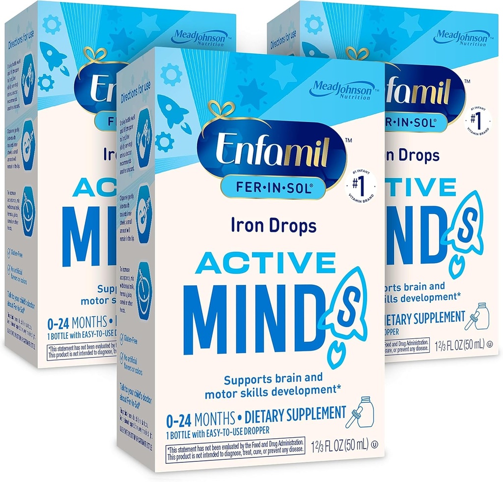 Enfamil Fer-In-Sol Iron Supplement Drops for Infants & Toddlers, Supports Brain Development, 50 mL Dropper Bottle, Pack of 3