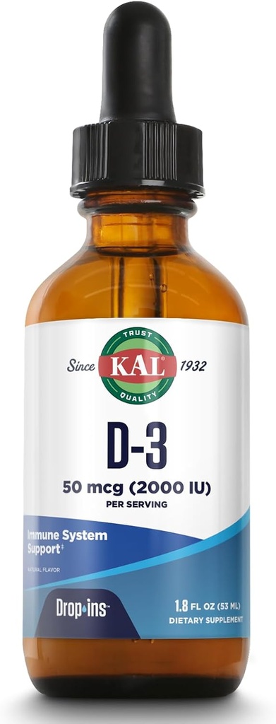 KAL Vitamina D3 2000 UI (50 mcg) DropIns - Liquid Vitamin D3 Drops - Bone Strength and Immune Support Supplement - Vegetarian, 60-Day Guarantee, Aprox. 590 Servings, 1.8oz