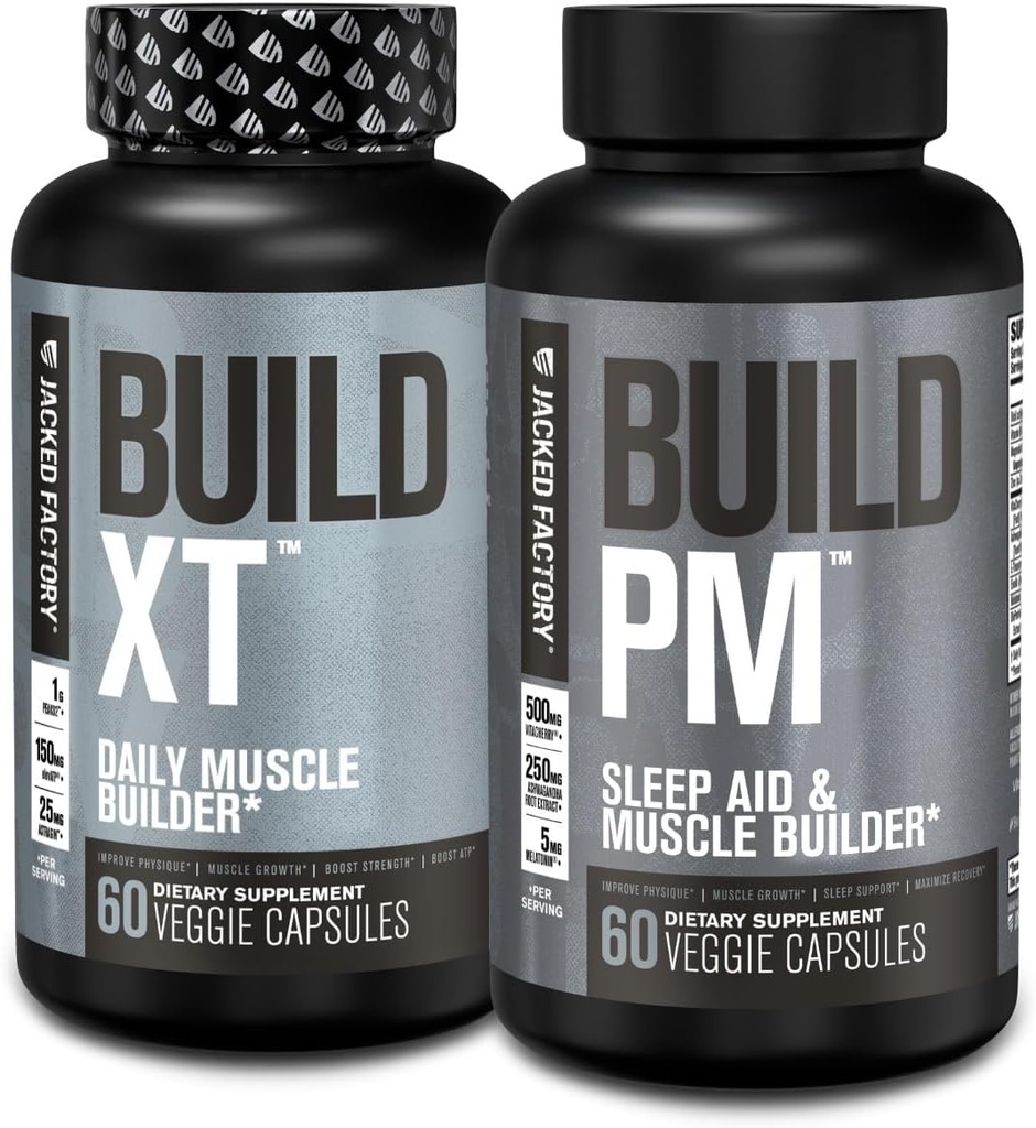 Jacked Factory AM & PM Muscle Building Supplement Stack - Build-XT Muscle Builder & Build PM Night Time Muscle Growth & Sleep Aid