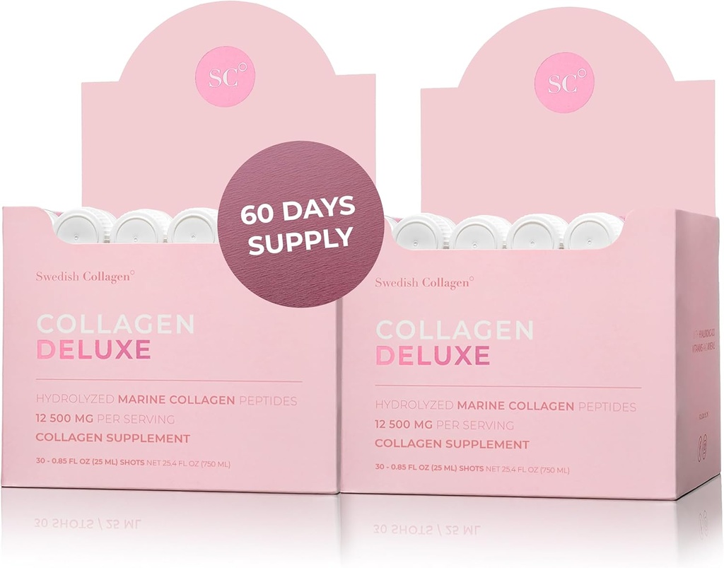 Collagen Deluxe 30 Shots x 2 I 8 Week Bundle I 12500 mg Marine Collagen (Type I ' III) I Hyaluronic Acid, Biotin, Vitamina C I Sin azúcar - 8 Week Supply