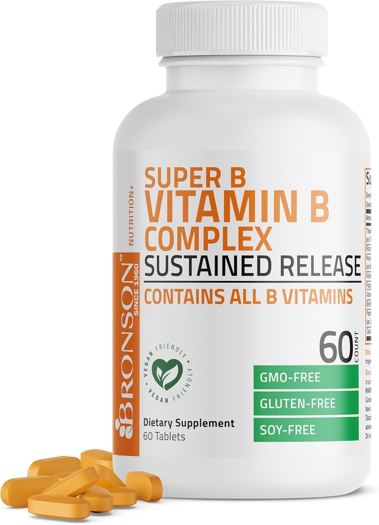 Bronson Super B Complejo de vitamina B Sujeto Slow Release (Vitamin B1, B2, B3, B6, B9 - ácido fólico, B12) Contiene Todas las vitaminas B 60 Tablets