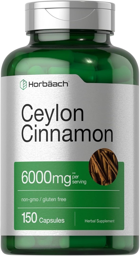 Horbäach Ceylon Cinnamon Capsules ← 6000 mg Silencio 150 Conde Silencio No GMO &amp; Gluten Suplemento gratuito
