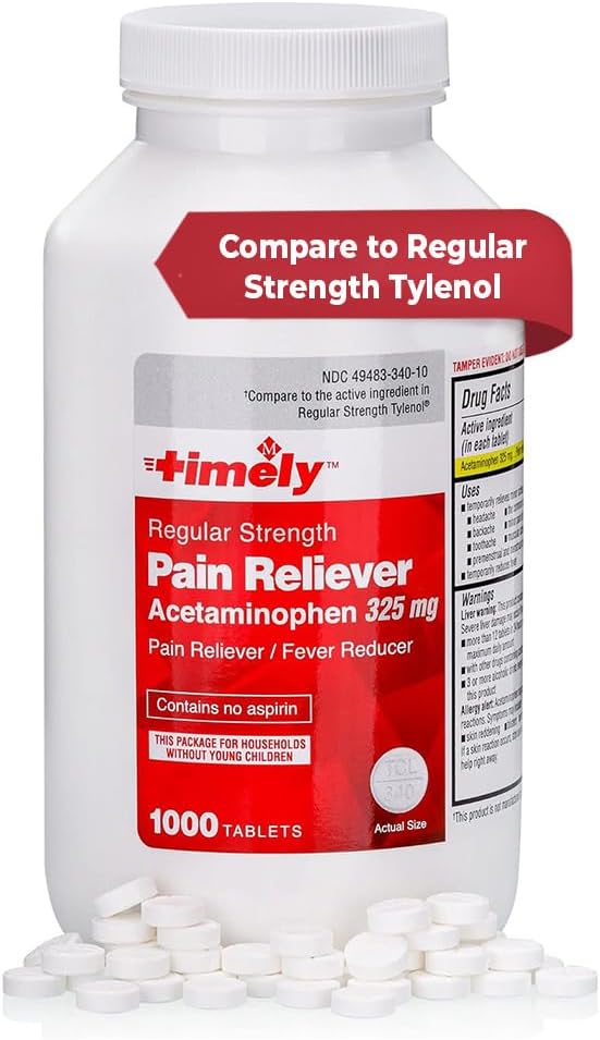 Lágrimas de hora, INC. Acetaminofeno 325 MG Tablas 1000 Conde - Alivio de Dolor de Fuerza Regular - Cánulas menstruales, Reductor de fiebre, Dolor menor de artritis