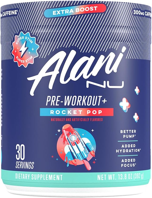 Alani Nu Pre Workout+ Powder Rocket POP, Boost Extra, Sugar Gratis, 300mg Caffeine, L-Theanine, Beta-Alanine, Citrulline, 30 Servings