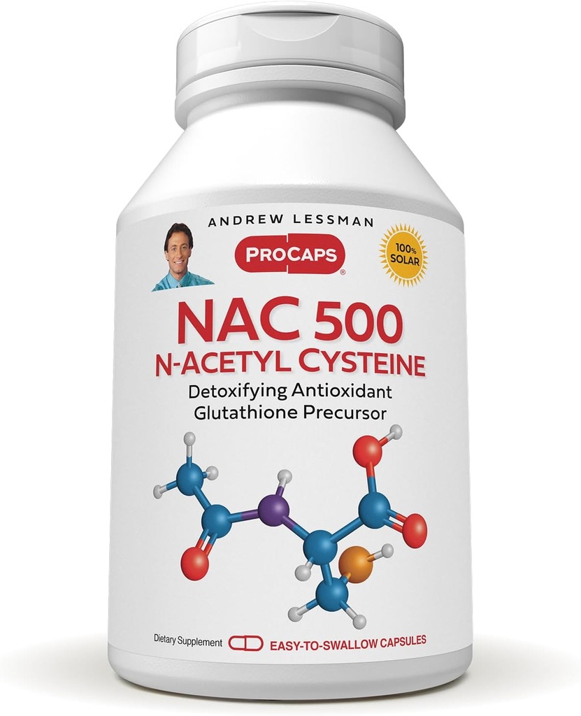 ANDREW LESSMAN NAC-500 N-Acetyl Cysteine 360 Capsules - Helps Combat Daily Onslaught of Damaging Free Radicals, Protects Brain, Heart, Lungs, Liver, Kidneys. Antioxidante desintoxicante. No hay aditivos