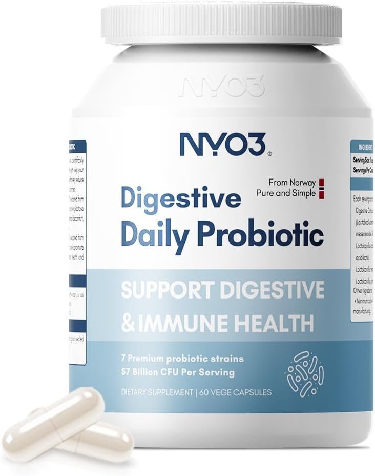 NYO3 Probióticos Digestivos 57 Estrechos CFU 7 de Bilion,60 cápsulas, Alivio de la hoguera, Apoyo Digestión &amp; Salud Inmune