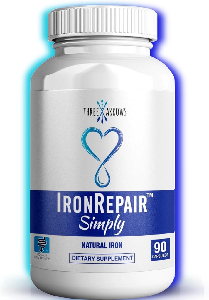 Iron Repair Simply Natural Iron Supplement, Best Absorption & Gentle on Stomach, Monash Low FODMAP, Raise Hemoglobin & Ferritin Iron Pills for Women, Men, Teens, & Pregnancy 90 Bovine Gelatin Capsules
