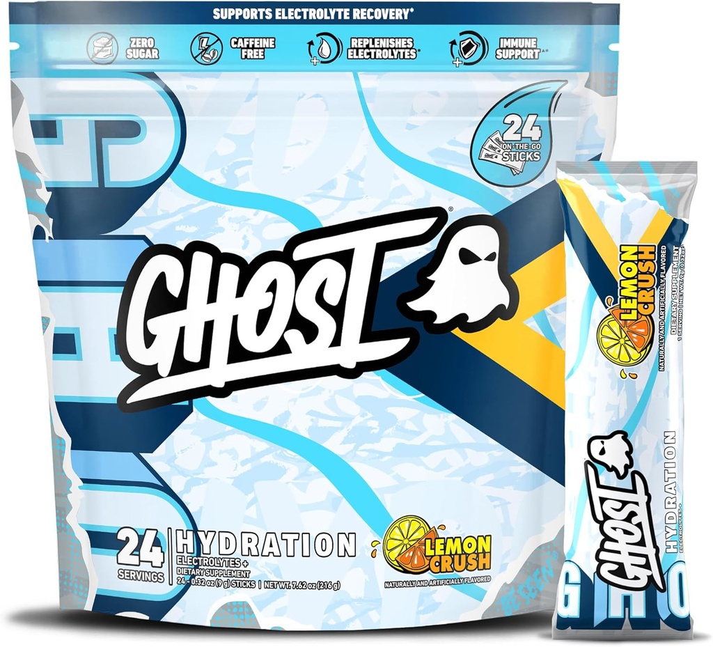 GHOST Hydration Packets, Lemon Crush, 24 Sticks, Electrolyte Powder - Drink Mix Suplemento con Magnesio, Potasio, Calcio, Vitamina C - Vegan Friendly, Libre de Soy, Azúcar &amp; Gluten