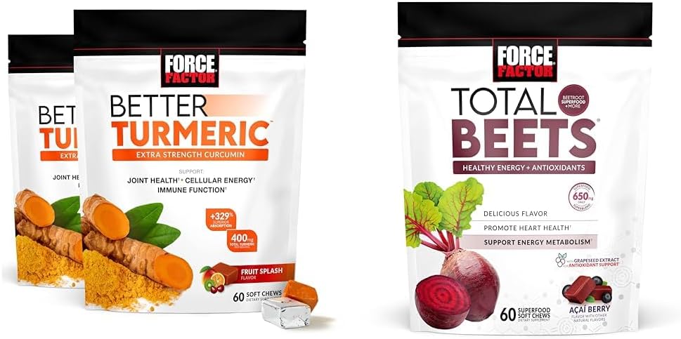 Force Factor Better Turmeric 120 Soft Chews & Total Beets 60 Soft Chews Bundle for Joint and Heart Health
