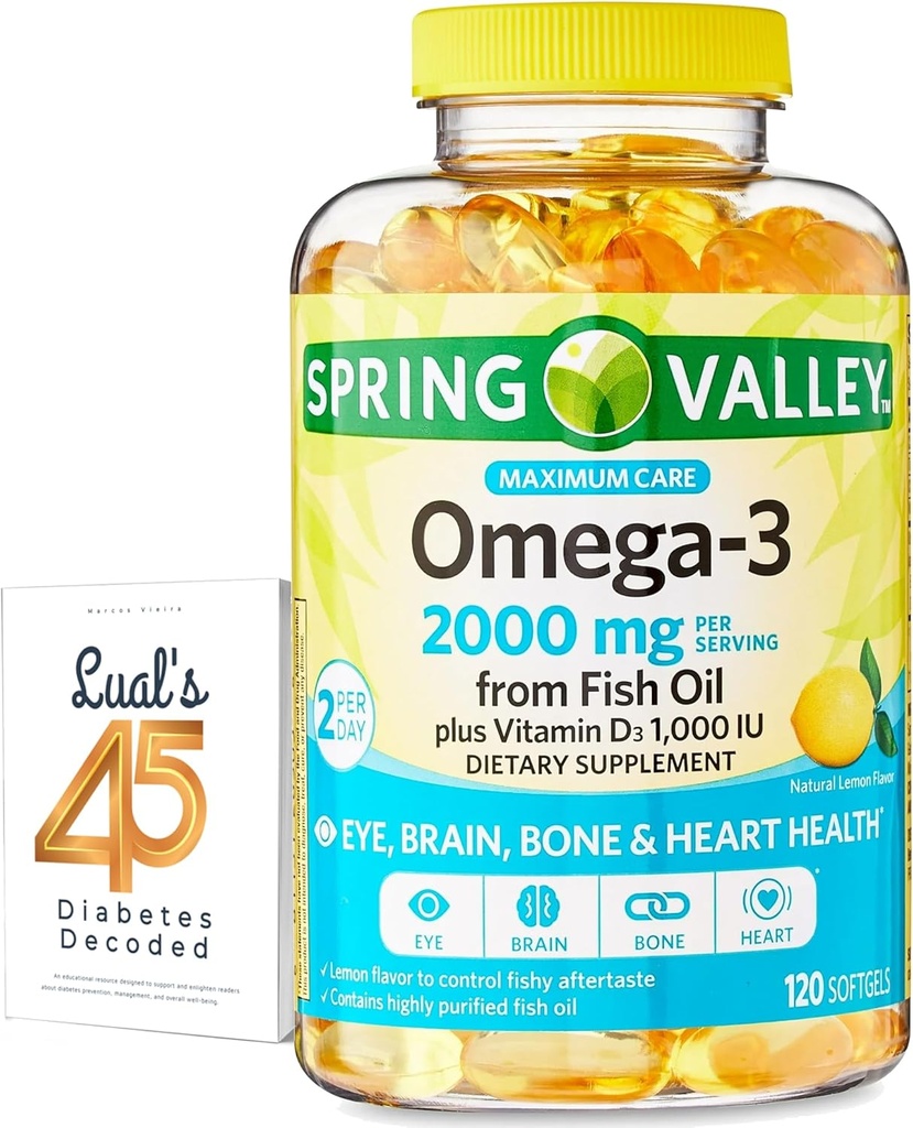 Spring Valley Omega-3 del aceite de pescado 2000 mg para el hueso del cerebro del ojo y la salud del corazón Suplemento dietético Softgels, 120 Conde, Agrupar con la diabetes 45 de Luall Decodificado