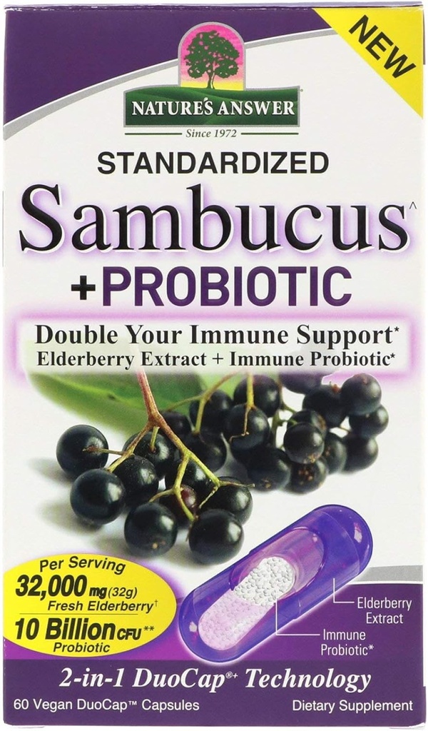 Respuesta de la naturaleza Sambucus + Probiótico ← Nuevo 2-en-1 Su apoyo inmunitario  32,000mg Cap de Duo de Elderberry fresco estandarizado con 10 billón de CFU Probiótico TEN Gluten-Free, Non-GMO TEN 60 cápsulas Vegan
