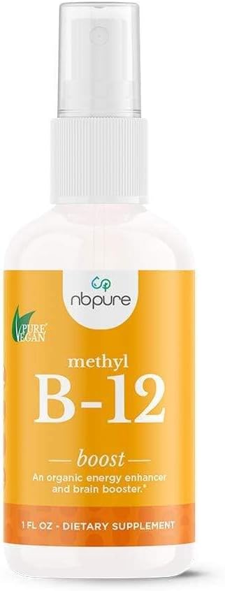 Nbpure Organic & Vegan Vitamin Methyl B12 Spray – Energía Natural, Mood, &amp; Nerve System Support for Women, Hombres, Niños – 500mcg Liquid Methylcobalamin Por Spray