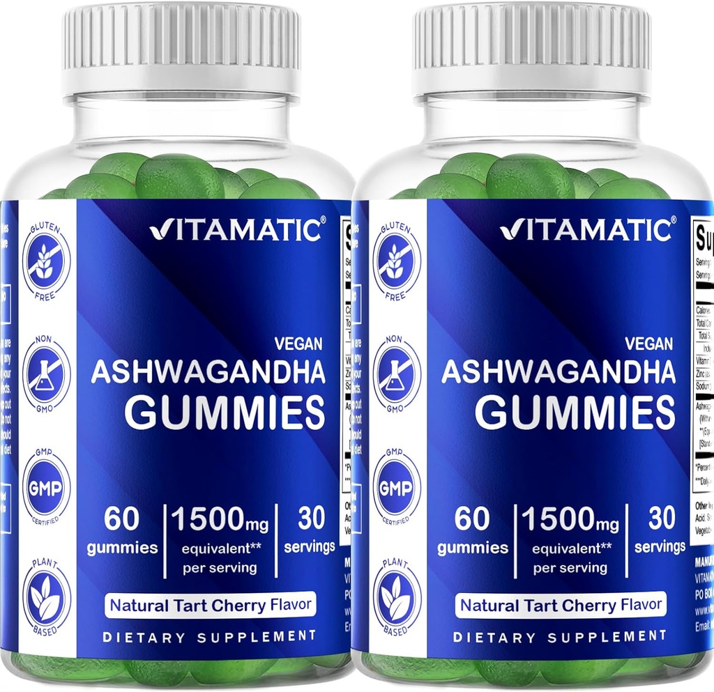 Vitamatic 2 Pack Ashwagandha Gummies 1500 mg Equivalente por Serving (de 30:1 Extracto 50 mg) - 60 Gummies Vegan - 3% Withanolides
