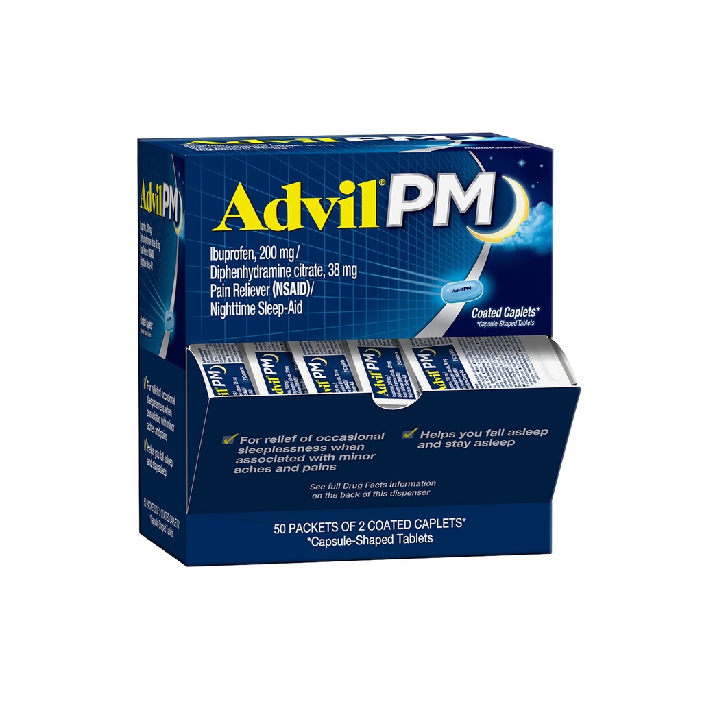 Advil PM Dolor Aliviador de Dolor y Noche de la Ayuda para el Dolor, Dolor de Medicina con Ibuprofeno para Alivio del Dolor y Citrato de Diphenhydramine para una Ayuda para el Dormir - 50x2 Coated Caplets