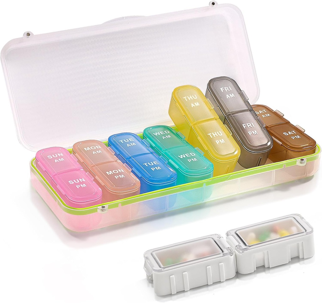 Cajas y organizador de píldoras 2 veces al día, organizador de píldoras 2 veces al día, organizador semanal de píldoras, caja organizadora de píldoras de viaje para vitaminas, aceites de pescado + 2 organizador de píldoras desmontables (White)