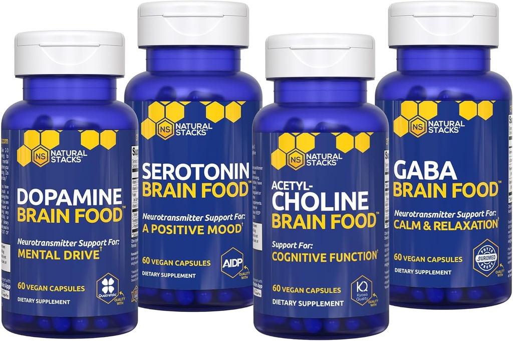 NATURAL STACKS Brain Food Bundle - for Motivation, Cognitive Function, Positive Mood & Relaxation* - Suplementos cerebrales para adultos - 240 cápsulas totales